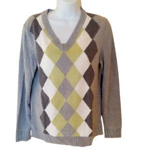 Gray White Green Cotton V-Neck Argyle Sweater Small